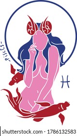 pisces zodiac sign artwork, beautiful horoscope symbol girl, vector illustration