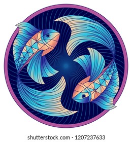 Pisces zodiac sign, astrological, horoscope symbol. Futuristic style icon. Stylized graphic blue two fish swimming in a circle. The body  is decorated with the geometric pattern. Vector illustration.