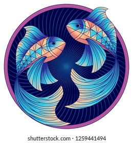 Pisces zodiac sign, astrological, horoscope symbol. Futuristic style icon. Stylized graphic blue two fish swimming in a circle. The body  is decorated with the geometric pattern. Vector illustration.