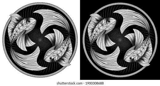 Piscis signo zodiaco, astrológico, símbolo de horoscopio. Icono de estilo monocromo de píxeles. Gráfico estilizado blanco negro dos peces nadando en círculo. Cuerpo decorado con motivos geométricos. Ilustración vectorial.