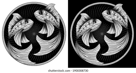 Pisces zodiac sign, astrological, horoscope symbol. Pixel monochrome style icon. Stylized graphic black white two fish swimming in a circle. Body decorated with geometric pattern. Vector illustration.