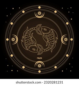 Pisces zodiac sign, astrological horoscope sign in a mystical circle with moon, sun and stars. Golden design, vector	
