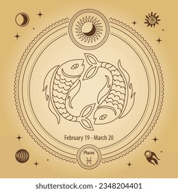 Signo de zodiaco, signo de horoscopio astrológico. Dibujo de esquema en un círculo decorativo con símbolos astronómicos místicos. Vector	
