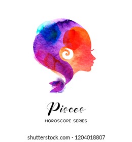 Pisces zodiac sign. Beautiful girl silhouette. Vector illustration. Horoscope series