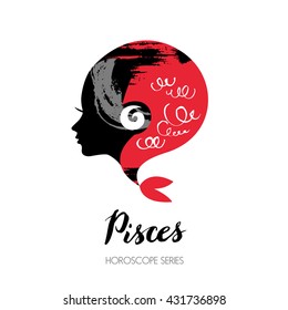 Signo de Pisces zodiac. Hermosa silueta de chica. Ilustración vectorial. Serie horóscopo