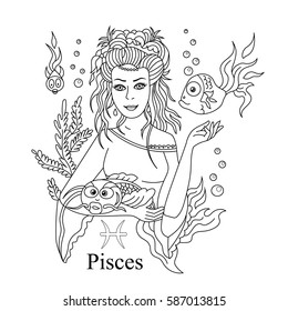 Pisces zodiac sign as a beautiful girl coloring page. Vector illustration isolated.