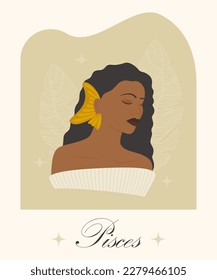 Pisces zodiac sign black woman cartoon vector illustration. Astrological symbol personality, young afro lady in beige.