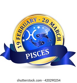 Pisces zodiac sign blue shiny ribbon / icon / button. Contains also the Dates of Birth.