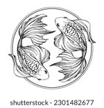 Pisces zodiac sign, boho line tattoo, two beautiful fishes in a circle. Vector engraving stylization, horoscope element water, hand drawn illustration isolated on white background.