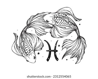 Pisces zodiac sign, boho line tattoo, two beautiful fish and astrology symbol with stars. Vector engraving stylization, hand drawn illustration isolated on white background.