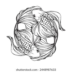 Fische Tierkreiszeichen, Boho Linie Tattoo, zwei schöne Fische in einem Kreis. Stilisierung der Vektorgrafik, Horoskop Element Wasser, handgezeichnete Illustration isoliert auf weißem Hintergrund.