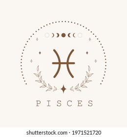 Pisces. Zodiac sign in boho style. Astrological icon isolated on white background. Mystery and esoteric. Horoscope logo vector illustration. Spiritual tarot card.