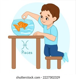 Pisces zodiac sign. 
The boy feeds the fish in the aquarium. Isolate vector illustration. Character Boy on a white background.  Hand drawn illustration.