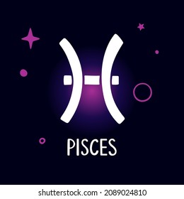 Tarjeta de seña de Pisces zodiac, banner o portada de la historia para medios sociales, blog, sitio web. Símbolo de astrología con leyenda brillante y estrellas brillantes. Ilustración dibujada a mano por vectores