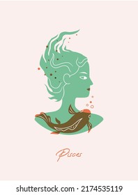 Pisces zodiac sign card. Female green silhouette with fish and bubbles. Vector illustration of an astronomical sign with a girl isolated. Horoscope with zodiac sign Pisces.
