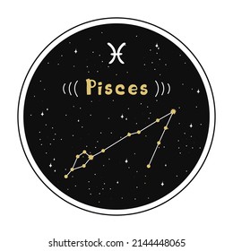 Pisces. Zodiac sign and constellation in a circle. Set of zodiac signs in doodle style, hand drawn.