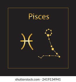 Pisces Zodiac Sign and Constellation, goldenes Symbol einzeln auf schwarzem Hintergrund.