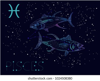 Pisces Zodiac sign and constellation. Two fishes on a cosmic dark blue background with stars. Hand drawn vintage engraving style vector illustration. Space, astrology, horoscope, astronomy design.