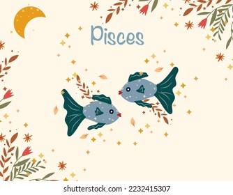 Pisces zodiac Schild. Rutsche Banner mit Fischen, Sternen, Blumen und Blättern. Astrologisches Zeichen des Zodiaks. Vektorgrafik.