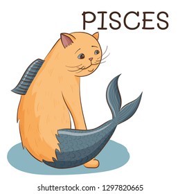 Pisces zodiac sign; cute cat with fish tail stylized as pisces zodiac; 