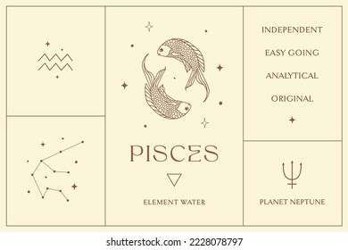 Diseño De Signos Zodiac Pisces, Logo Resumen Esotérico, Símbolos Espirituales Místicos, Iconos. Astrología, Luna y Estrellas, arte esotérico mágico.