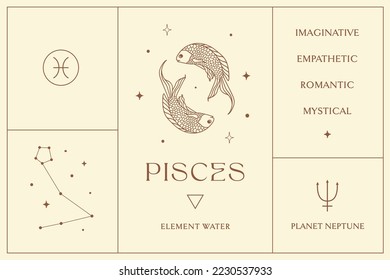 Pisces Zodiac Sign Design, Esoterisches abstraktes Logo, mystische spirituelle Symbole, Symbole. Astrologie, Mond und Sterne, Magische Esoterische Kunst.