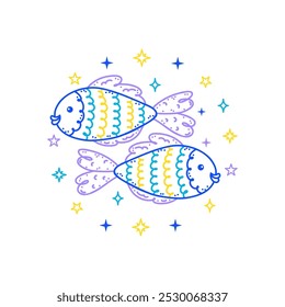 Estilo del doodle del Iniciar sesión del zodiaco de Piscis con colores suaves en el fondo blanco, adaptado para la decoración de los niños.