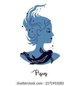 Pisces zodiac sign. Female blue silhouette with fish and bubbles. Vector illustration of an astronomical sign with a girl isolated on a white background. Horoscope with zodiac sign Pisces.
