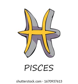 Dibujo vectorial de dibujo plano Pisces zodiac. Símbolo astrológico de agua de pescado celestial con nombre. Astrología Gráfico de colores amarillo y gris elemento con título. Elemento dibujado a mano aislado