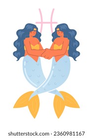 Pisces zodiac sign flat concept vector spot illustration. Mermaid tails entwining. Hugging. 2D cartoon characters on white for web UI design. Astrology isolated editable creative hero image