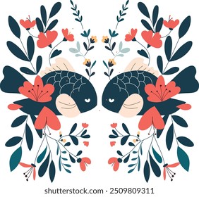 Pisces zodiac sign with floral flora, vector illustration, white isolated background.