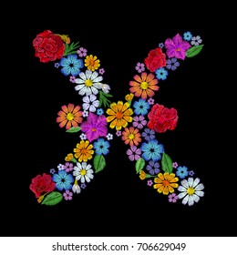 Pisces zodiac sign flower arrangement. Horoscope astrology fashion floral embroidery patch design template. Texture stitch effect. Textile print on black background vector illustration