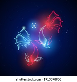 Pisces zodiac sign in futuristic art concept glows in the night sky with red and blue light on sparkling galaxy background