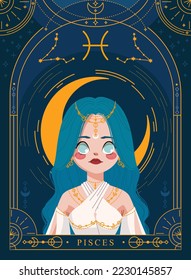 Pisces Zodiac Sign Girl Vector Illustration 