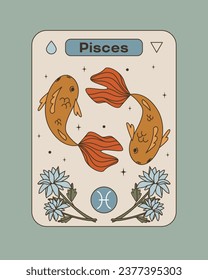 Pisces is a zodiac sign. Golden carp. Blue flowers. Pisces sign symbol. Poster in vintage style. Flat vector illustration