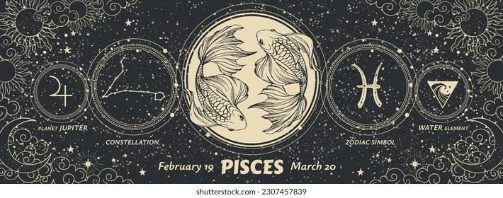 Pisces zodiac sign, graphic modern astrology banner on vintage black background with sun and moon. Realistic vector hand drawing, horoscope card, water element.