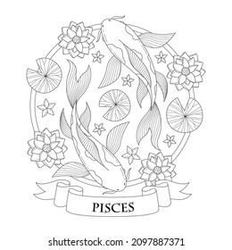 Pisces zodiac sign hand drawing or coloring book