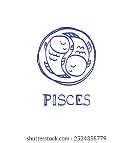 Pisces zodiac sign. Hand drawn sketch. Blue pen or marker drawing. Astrological calendar, zodiacal round. Vector horoscope