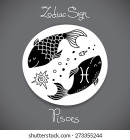Pisces zodiac sign of horoscope circle emblem in cartoon style. Vector illustration.