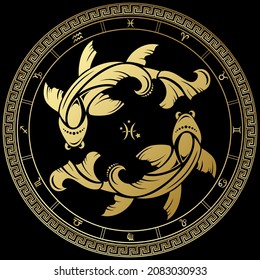 Piscis. Signo zodiaco. Horóscopo. Círculo dorado sobre fondo negro.