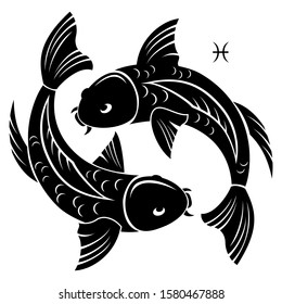 Pisces zodiac sign. Horoscope. Silhouette of two fish, carp isolated on white background.
