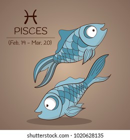 Pisces zodiac sign for horoscope in vector with two fishes swim in different directions