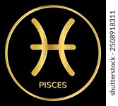 Pisces zodiac sign icon. Golden shine symbol isolated on black background. Tattoo image, astrological, zodiacal horoscope. Vector illustration.