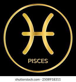 Pisces zodiac sign icon. Golden shine symbol isolated on black background. Tattoo image, astrological, zodiacal horoscope. Vector illustration.