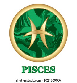 Pisces Zodiac sign icon isolated. Astrology and horoscope graphic design element. Golden symbol on malachite green background. Vector illustration