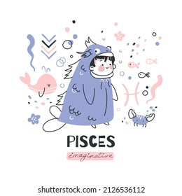 Pisces zodiac sign illustration. Astrological horoscope symbol character for kids. Colorful card with graphic elements for design. Hand drawn vector in cartoon style with lettering