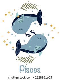 Pisces Zodiac Schild mit Blättern und bunten Sternen um. Piszen sind perfekt für Poster, Logo und Karten. Astrologisches Fieß zodiaktisch. Vektorgrafik.