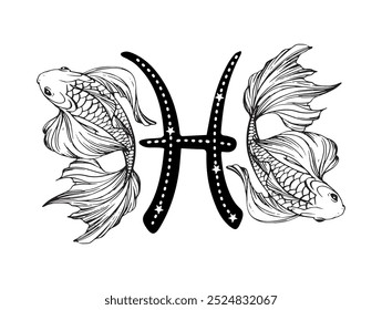 Signo del zodiaco de Piscis, tatuaje de línea, dos hermosos peces y símbolo de astrología con estrellas. Estilización de grabado de Vector, ilustración dibujada a mano aislada sobre fondo blanco.