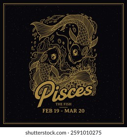Pisces Zodiac Sign Line Art–Intricate Vintage Illustration of The Fish with Mystical Ocean Elements Astrology and Horoscope Design
