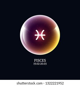 Pisces. Zodiac sign in luminous ball. Vector Illustration